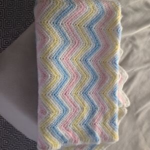 Vintage Pastel Hand Crocheted Soft Knitted Baby Blanket Throw Afghan Unisex 1967